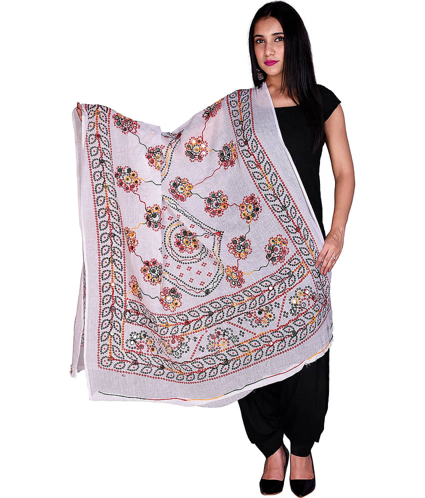 Apratim White Cotton Aari Embroidered Dupatta - Single