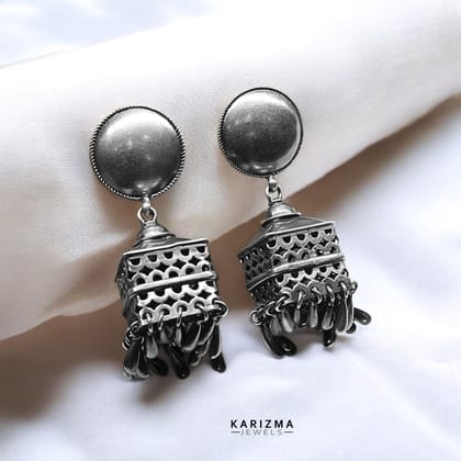 Real 925 Sterling Silver Oxidized Boho Style Statement Drop Jhumka Women Earrings