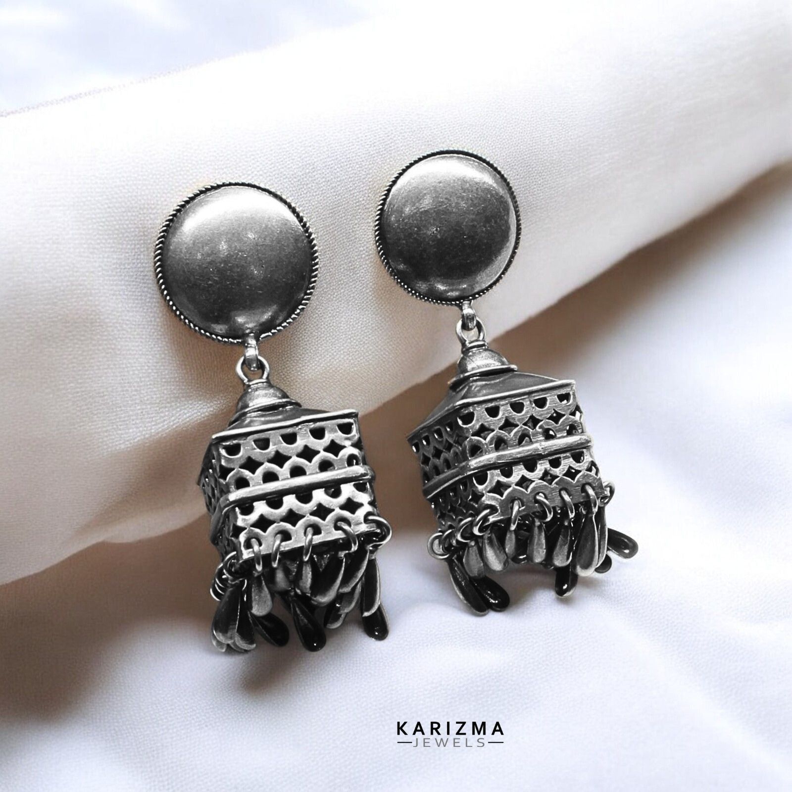 Real 925 Sterling Silver Oxidized Boho Style Statement Drop Jhumka Women Earrings