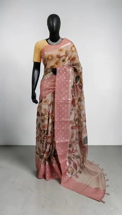 Kota Doria Cotton-Silk Saree, Block Print Peacock, Beige Pastel Pink