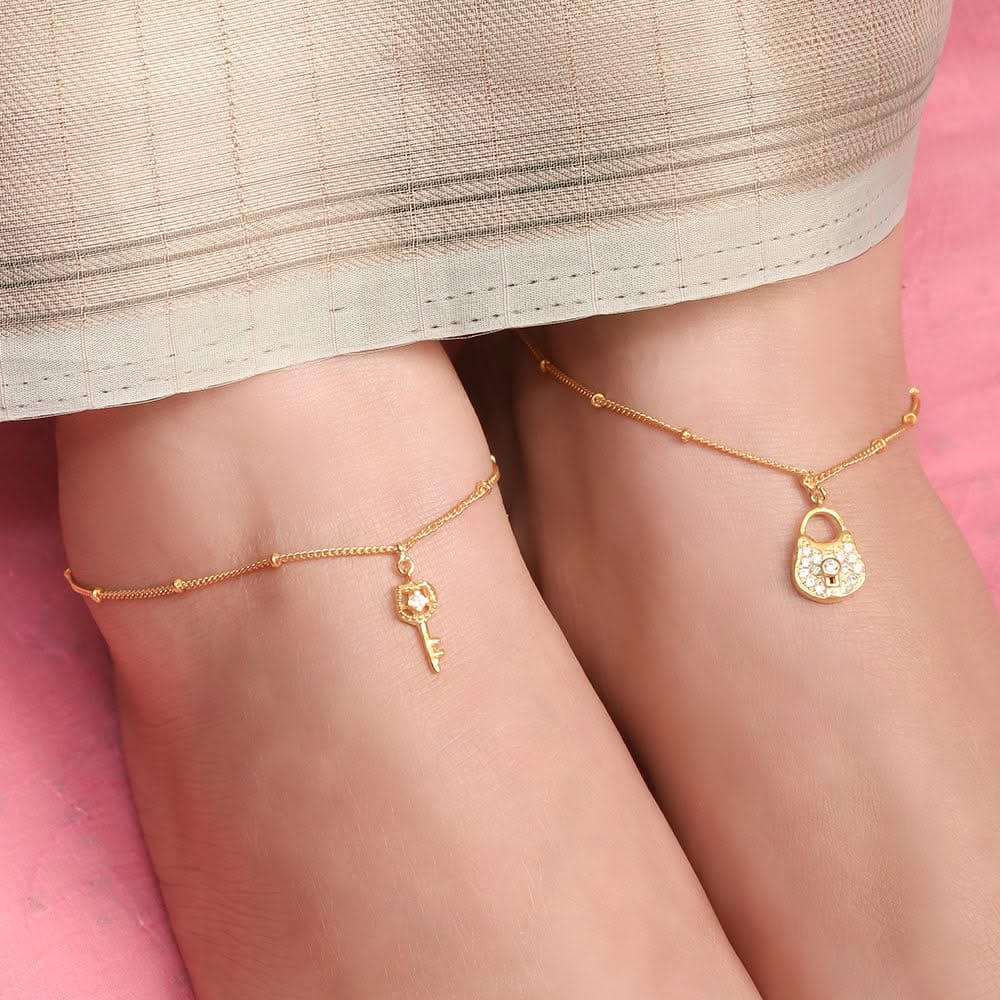 92.5 Sterling Silver lock and key charm anklet-Gold