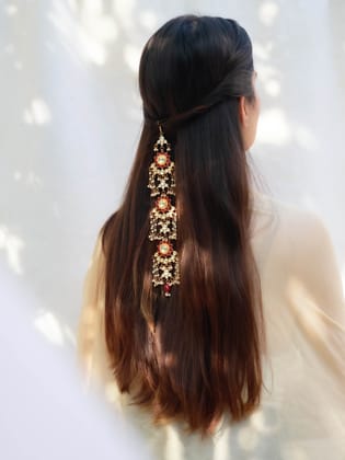Innessa Kundan and Pearl Hair Pin-Red
