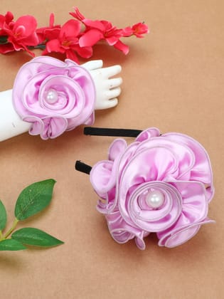 Satin Flower Bracelet & Hairband Set- Lavender-one Size / Lavender
