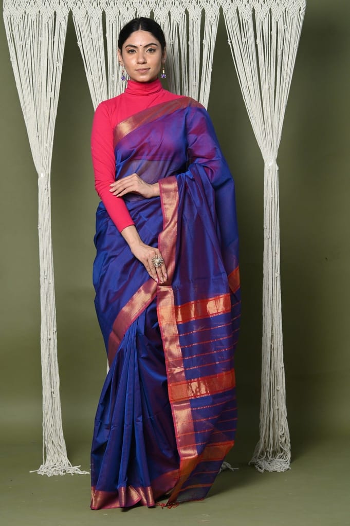 Handloom Cotton Silk Saree With Sleek Golden Border ~ Purple - Sarees | Buy online on ZillyBuy