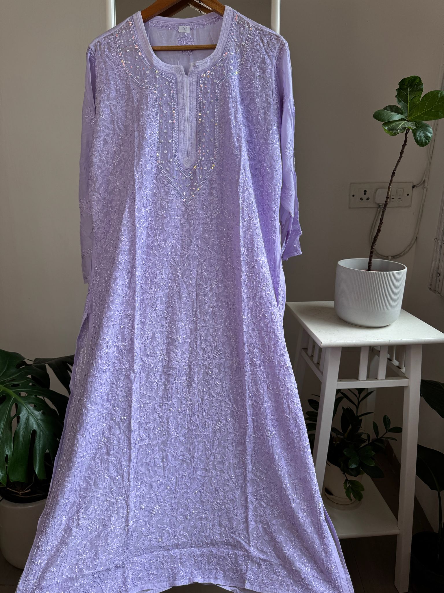 Muslin Chikankari Kurti with Pearl  Work - Lilac-Lilac / Muslin / 3XL