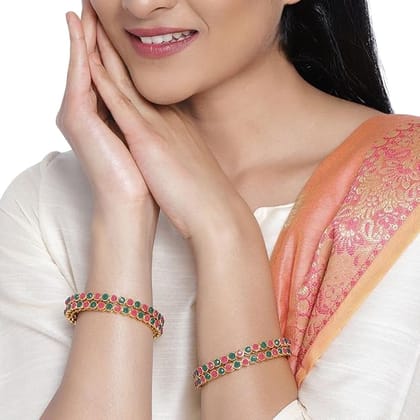 Gold-Plated Set of 4 Classic Red and Green Kundan Stone Bangles