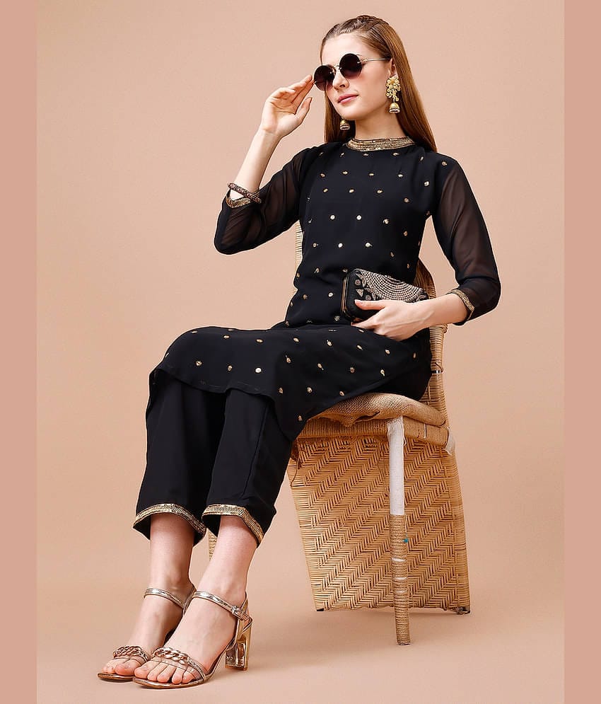 Women Basket Georgette Embroidered Kurti With Pants Women's Stitched Salwar Suit - Black ( Pack of 1 )
