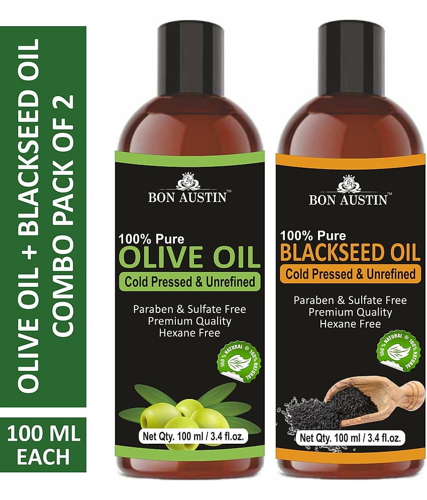 Bon Austin Premium Olive Oil & Blackseed(Kalonji) Oil  - Cold Pressed & Unrefined Combo pack of 2 bottles of 100 ml(200 ml)