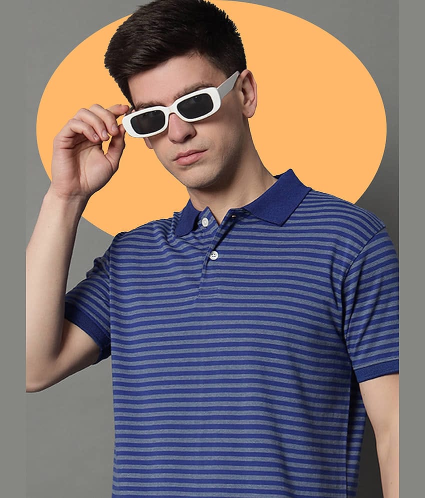 GET GOLF Pack of 1 Cotton Blend Regular Fit Striped Half Sleeves Men's Polo T Shirt ( Blue )