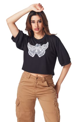 Sequin Work Butterfly Patch Crop T-shirts  -BLACK / XL