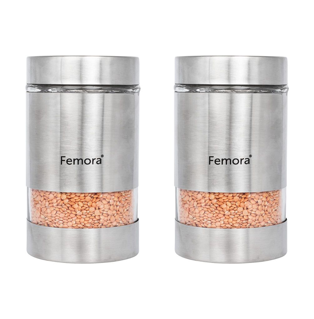 Femora Metallic Clear Glass Kitchen Storage Jars, 1000 ml, Set of 2, Free Replacement of Lids