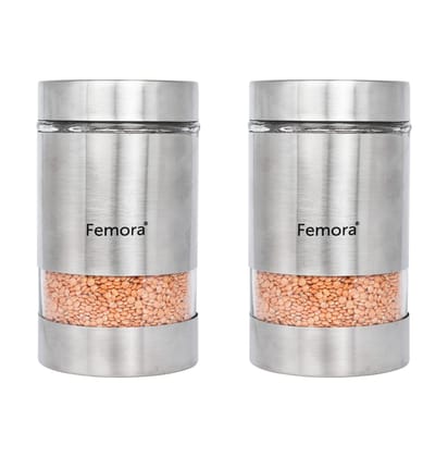 Femora Metallic Clear Glass Kitchen Storage Jars, 1000 ml, Set of 2, Free Replacement of Lids