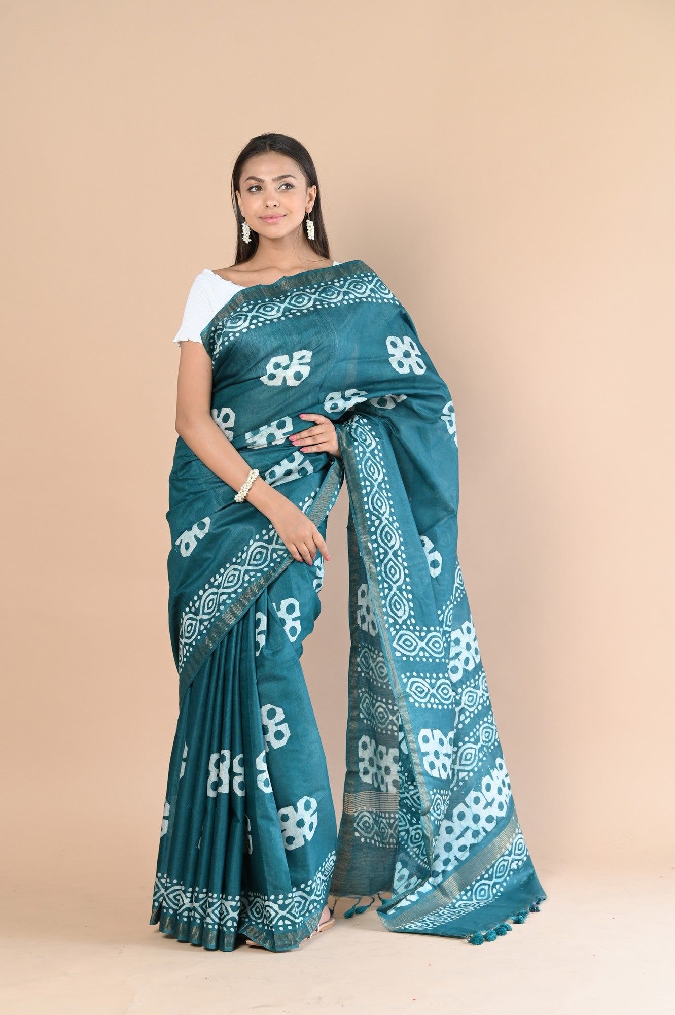 Authentic Handloom Pure Cotton Saree with Hand Batik Work ~ Blue