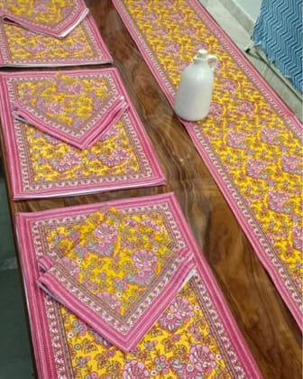 Cheerful Cotton Runner & Mat Set Blockprinted Yellow
