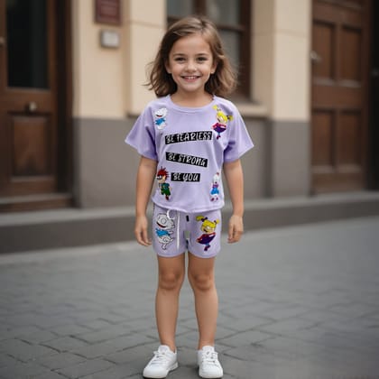 Girl's Lavender Cartoon Printed Co-Ord Set [GCS-7650] (3-11 Years)-3-4Y (Size - 22 ) / Ribbed