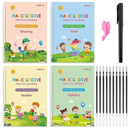 Reusable Magic Book for Kids 2-5years (4 Books + 1 pen + 10 refills) Sank Magic Practice Copy Book for Kids -nursery books for kids 3+ years - magic book for kids 6 to 8 years