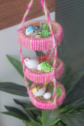 Decorative Bird Nest Wreath with Pink Jute Rope, White Birds, Green Succulents, Natural Twine, Spring Home Decor