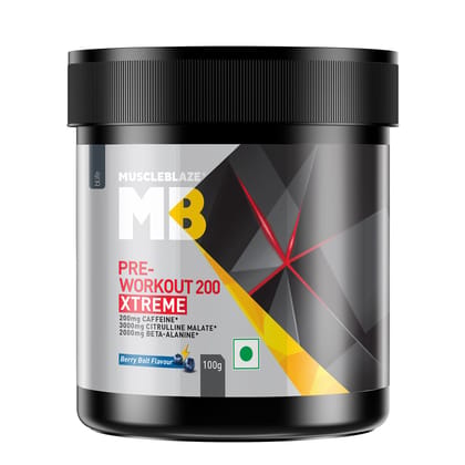 MuscleBlaze Pre Workout 200 Xtreme (Berry Bolt, 100g ) 200mg Caffeine, 200mg Theanine, 2000mg Beta Alanine, 3000mg Citrulline