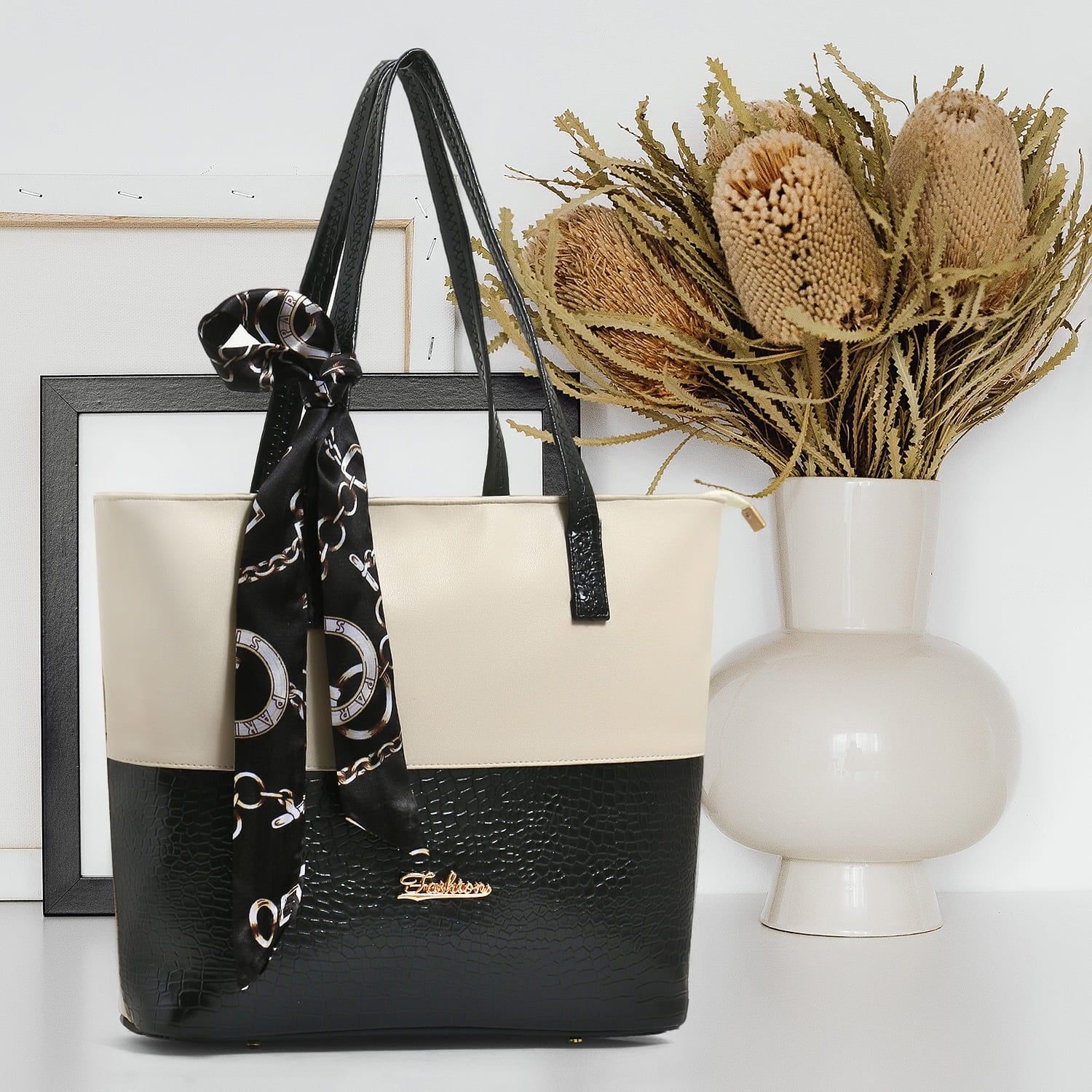 Elegant Two-Tone Handbag with Scarf Accent