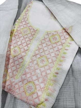 Tulip Handcrafted Kota Doria Unstitched Suit Fabric with Pastel Embroidery � White Base with Peach & Yellow Geometric Floral Design