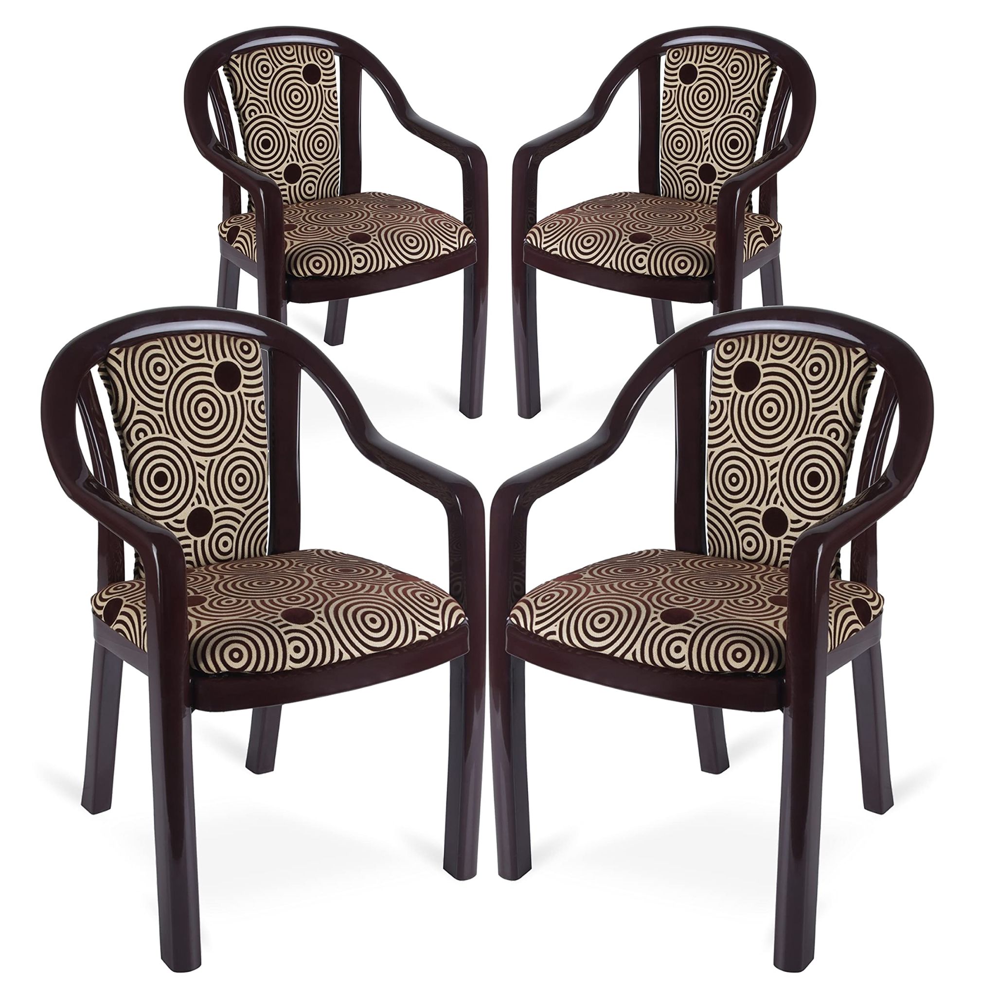 Supreme Furniture Ornate Plastic Cushion Chair with-Arm Suitable for Home, Garden, Office, Living Room, Cafeteria, Restaurant, Hotel, Resort and Indoor(Set of 4, Jordan Brown-Brown Circle)