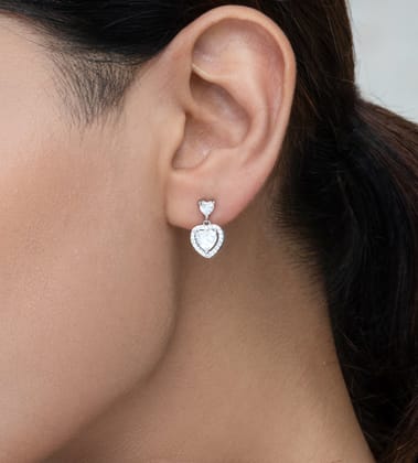 Silver Solitaire Zircon Valentine Heart Hanging Earrings