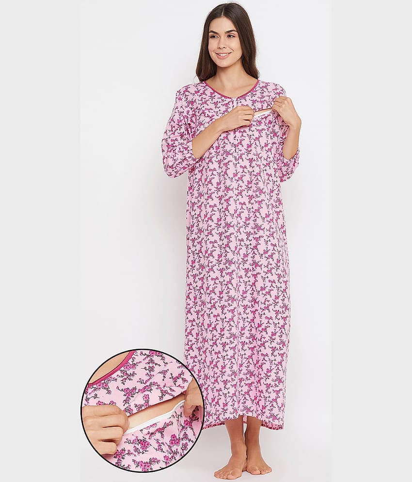 Clovia Cotton Nighty & Night Gowns - Pink Single