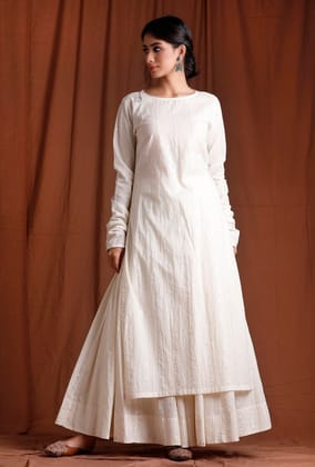 Off White Cotton Full Sleeves Long Kurta-XS