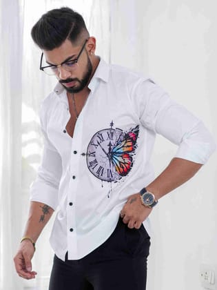 Bluecorp Enterprise Men Cotton Regular Fit Clock Printed Casual Shirt (Color-White Size-L)