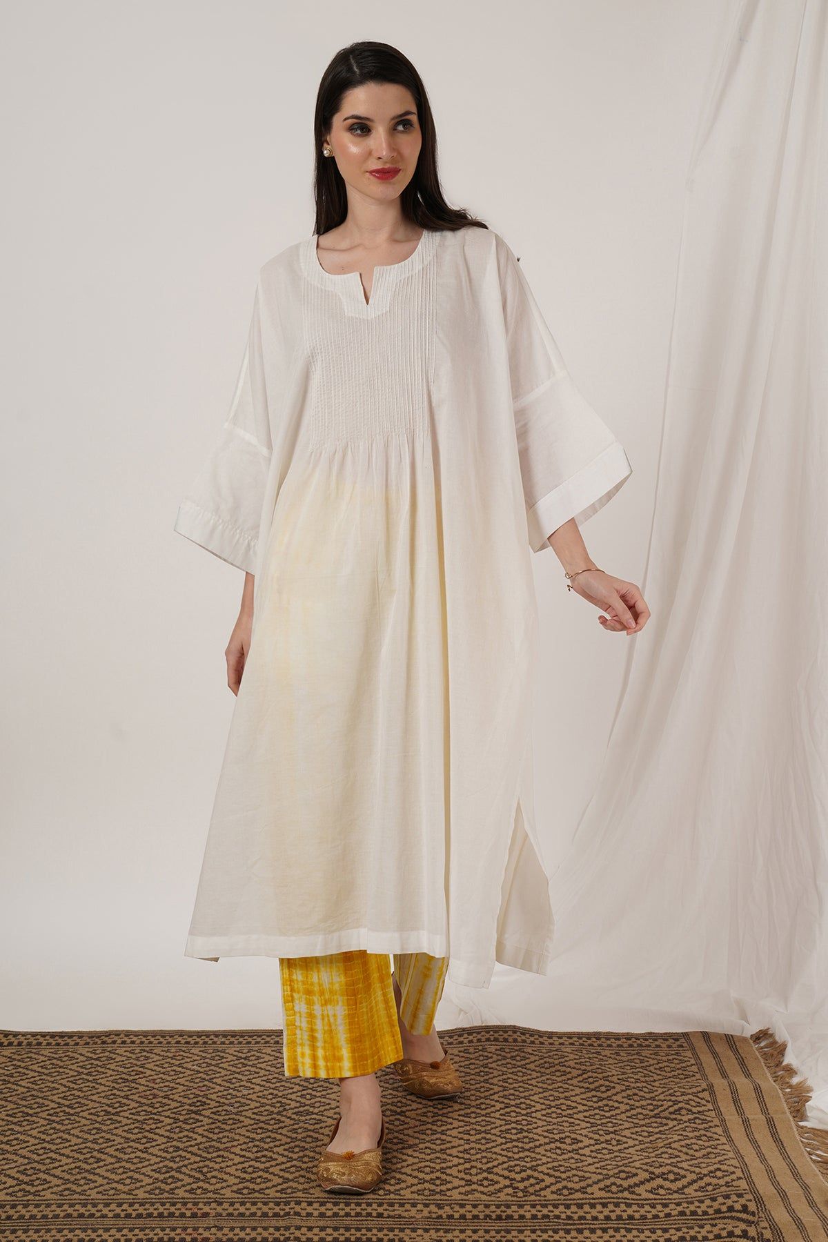 Mustard Yellow Tie Dye Pant Kaftan Kurta Set of 2-XL