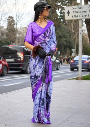 Passion Purple Satin Crepe Printed Saree