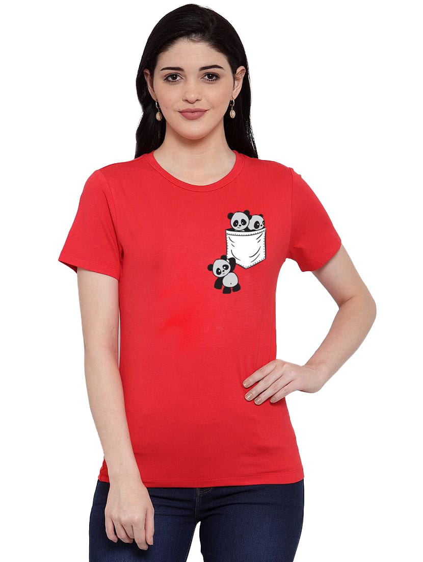 Women's Cotton Blend Pandas In My Pocket Printed T-Shirt L (Red)