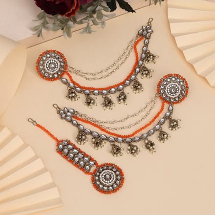 Vibrant Orange Color Kundan Earrings With Maang Tikka-Chain Length: 10.00 CM | Earring Length: 3.50 CM x Width: 3.50 CM / Orange / Alloy With Good Quality Mehndi Gold Plated