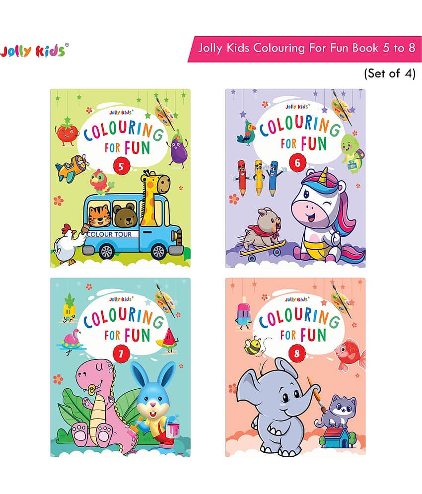 Jolly Kids Colouring for Fun Books B| Set of 4| Each Book 64 Images|Colouring & Painting Books for Kids|Ages 3-8 Year