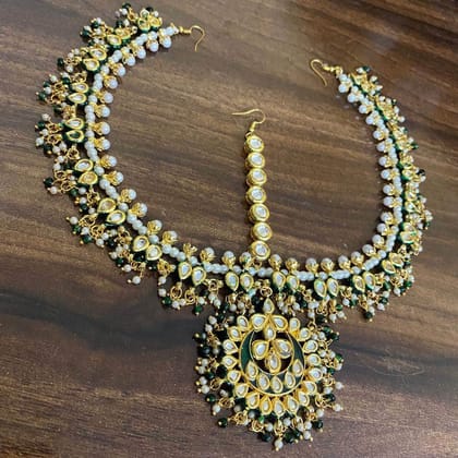 ZEVAR I Kundan-Studded & Green Pearl Beaded Bridal Matha Patti