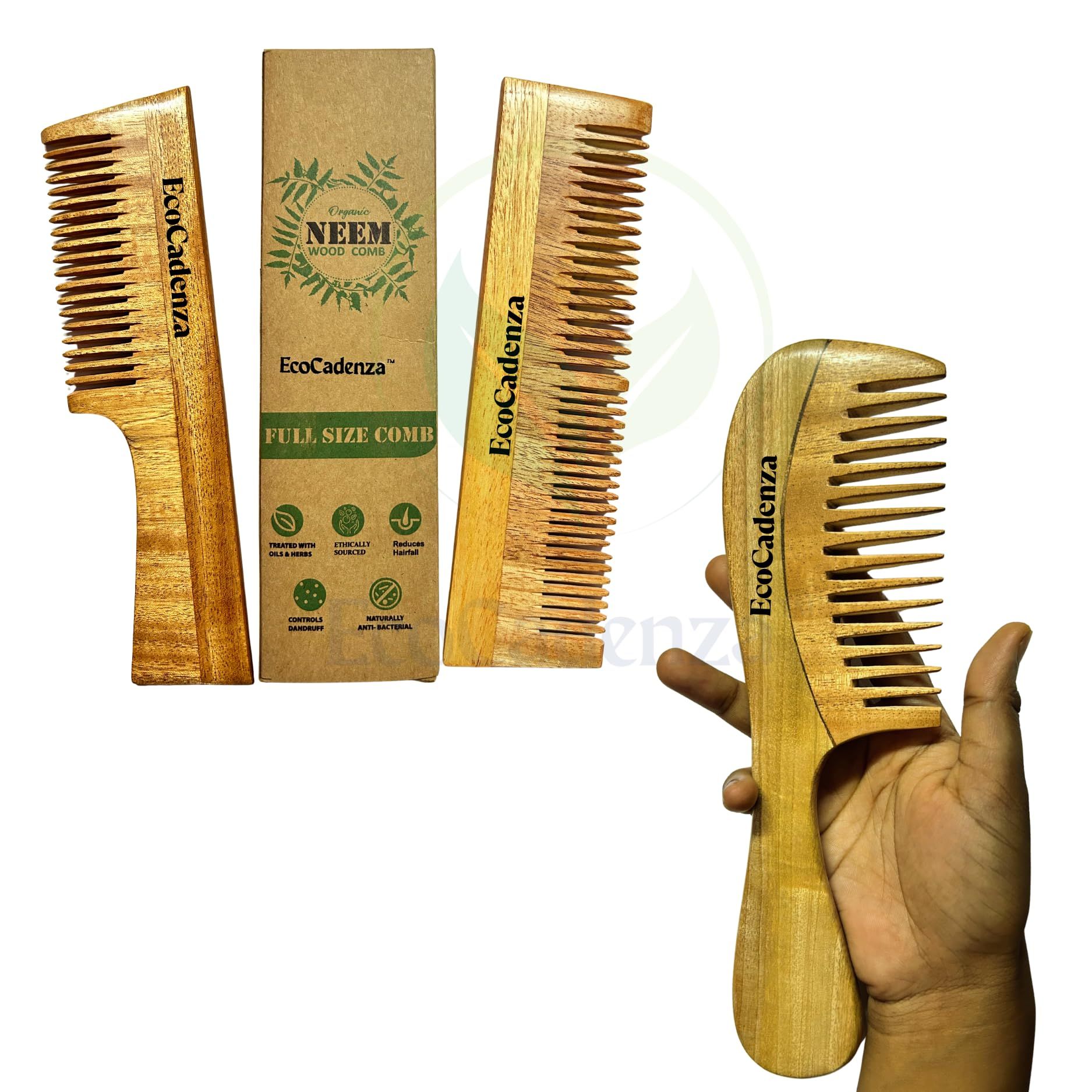 EcoCadenza Neem Wood Detangling Comb, Wide-Tooth, Handmade, Set of 3