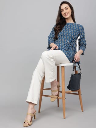 Teal Cotton Floral Print Flared Top