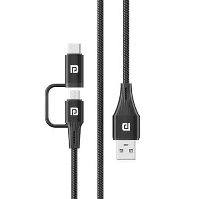 Portronics Konnect J7 20W Fast Charging Cable, Dual Output (Type C + Micro USB), 1M Length, 480Mbps Data Transfer - Black