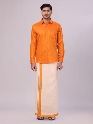 Mens Cotton Orange Shirt with Tissue Matching Border Dhoti Wedding Combo Kandala-36 / F/S / Orange