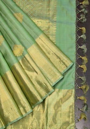 Green Kanjivaram  with Zari Buttas and wide Zari Borders  | SILK MARK CERTIFIED