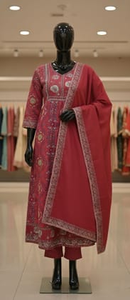 Women's Cotton Anarkali Embroidery Designer Long Anarkali Kurti With Pant and Dupatta Set (Red)