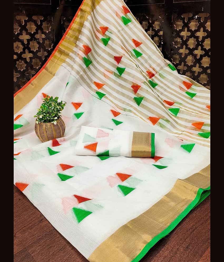 IndShopMart Cotton Silk Printed Saree With Unstitched Blouse Piece ( White )