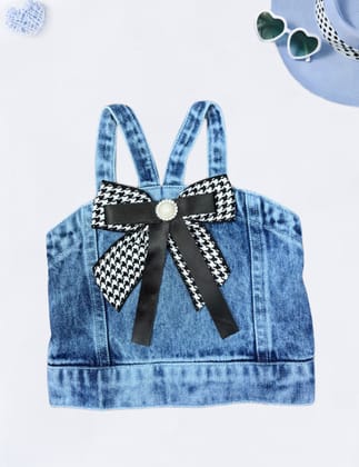 Girl's Denim Bow Top [GT-538] [1 -12Years]-1-2Y (Size - 18) / Blue / Denim