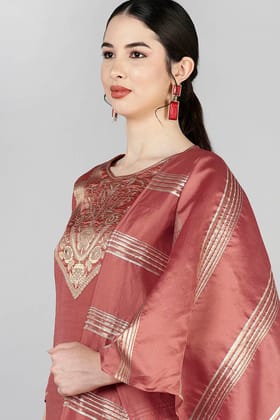 Rust Poly Silk Yoke Design Straight Suit Set PKSKD1377