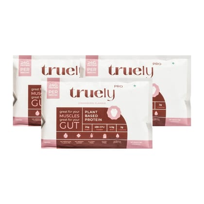 Truely Pro - Vegan Plant Protein | 24g Protein/Serving | 4 Bn CFU Probiotics | 3 Protein Sources - Pea, Brown Rice & Moong Bean | No Artificial Flavours | THIRD-PARTY TESTED | Strawberry | 3 Serv.