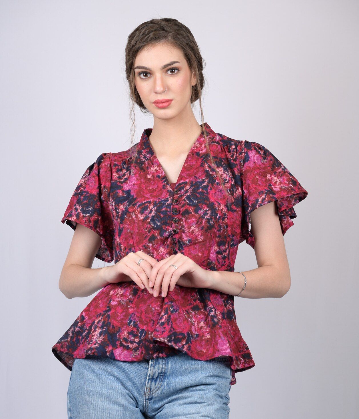 Red Floral Printed flow Sleeves Blouson Top (OTL-TPS1027)-Red / XS