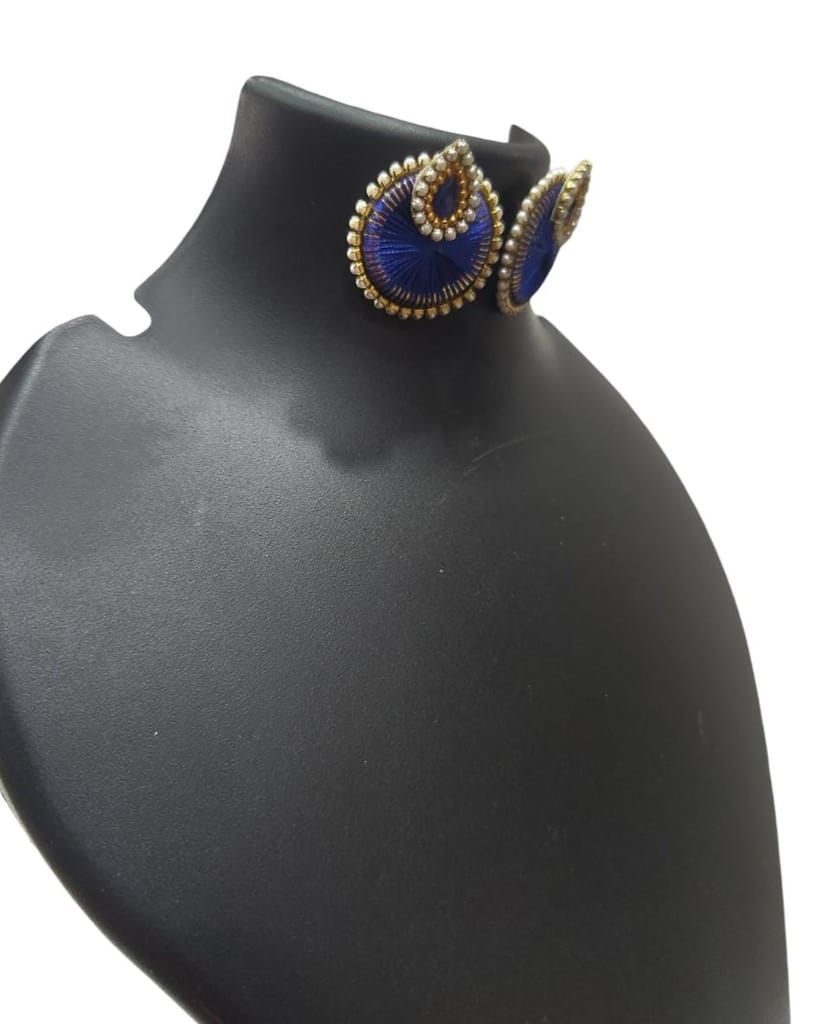 Blue Silk Thread Earrings with Pearl and Stone Detailing