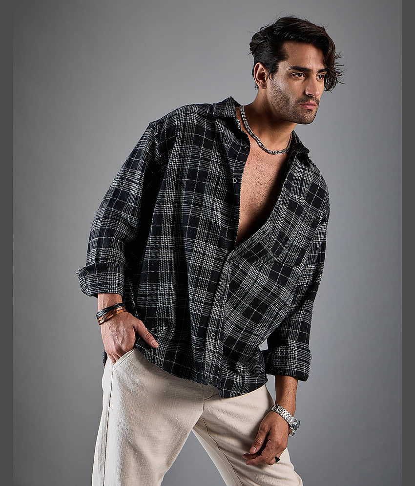 Chimpaaanzee Cotton Blend Oversized Fit Checks Full Sleeves Men's Casual Shirt - Black ( Pack of 1 )