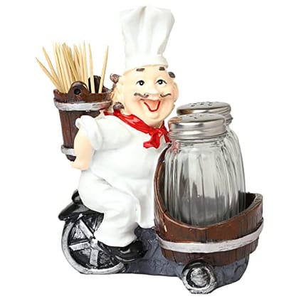 Salt and Pepper Shaker Set for Dining Table, French Chef Resin Showpiece with Glass Dispensers, Toothpick Holder