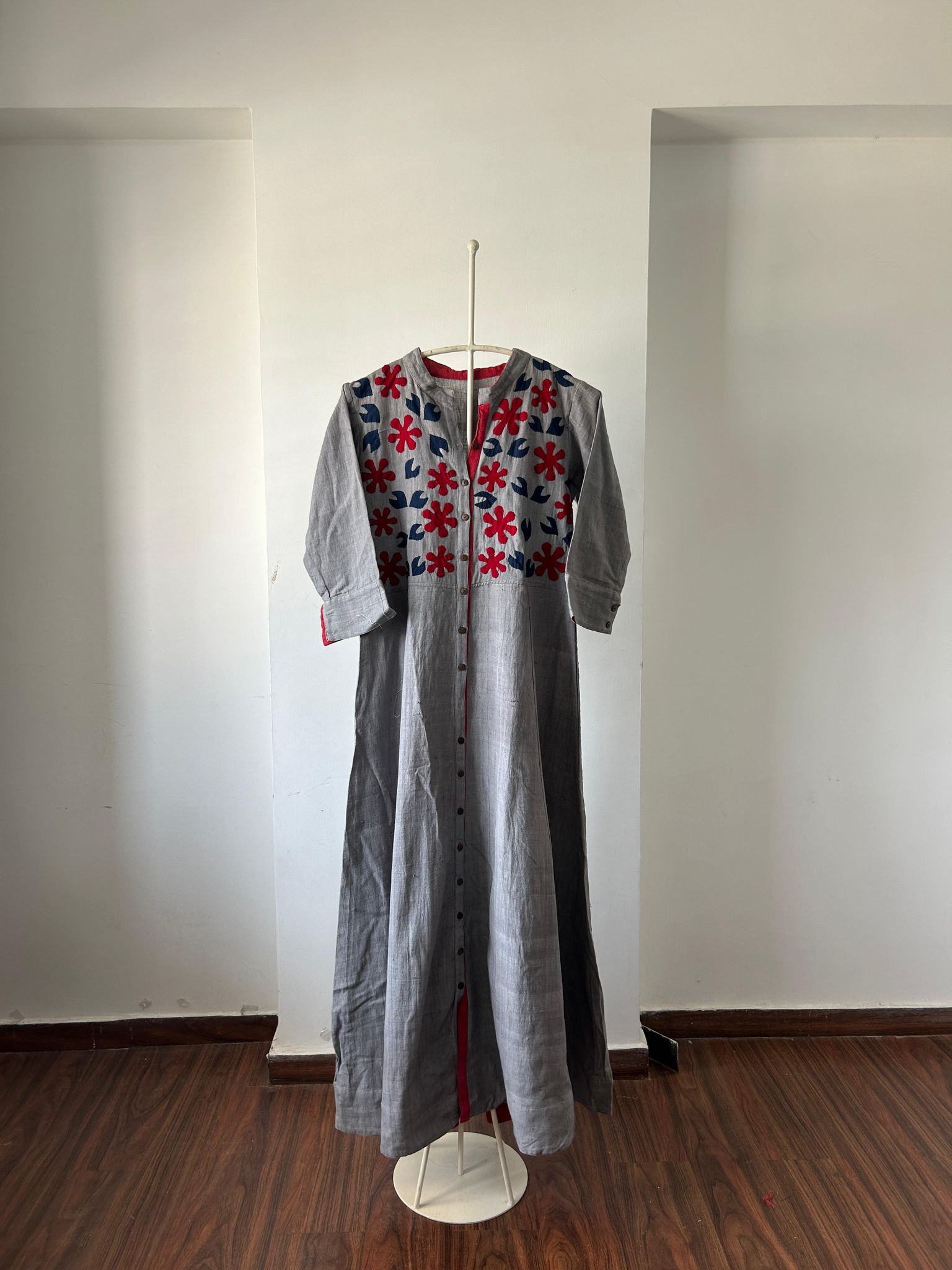 Handspun Cotton Dress with Floral Applique-L